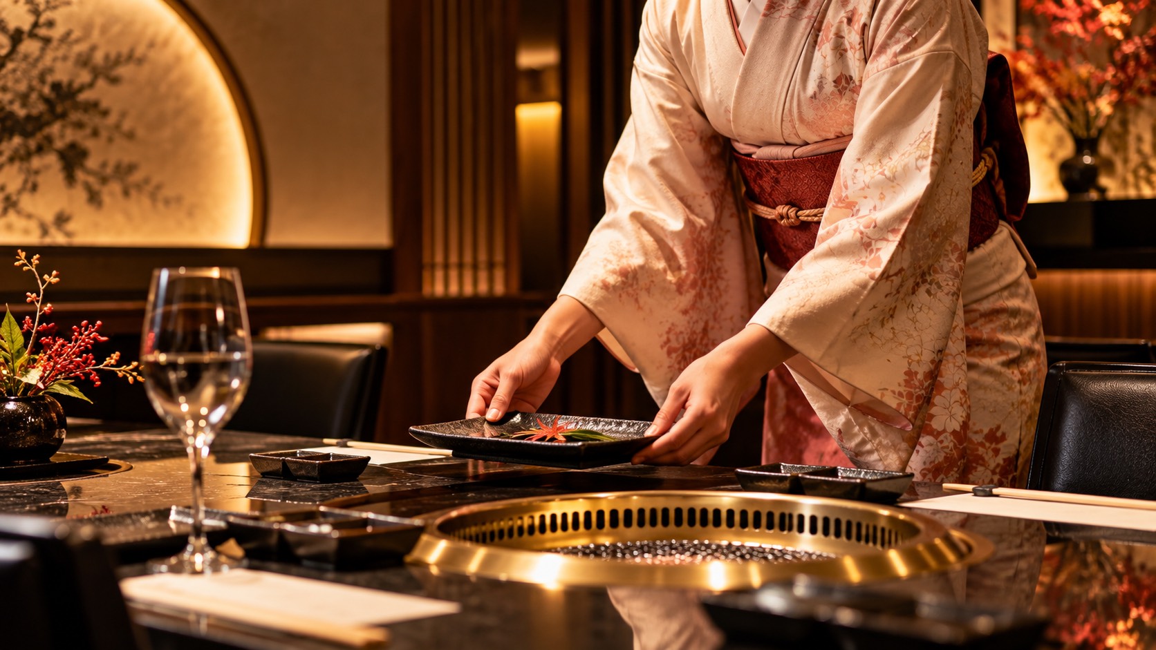 着物姿のスタッフが料理を提供する様子